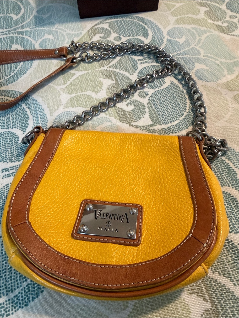Valentina Yellow Leather Crossbody with Brown Trim and Silver Chain